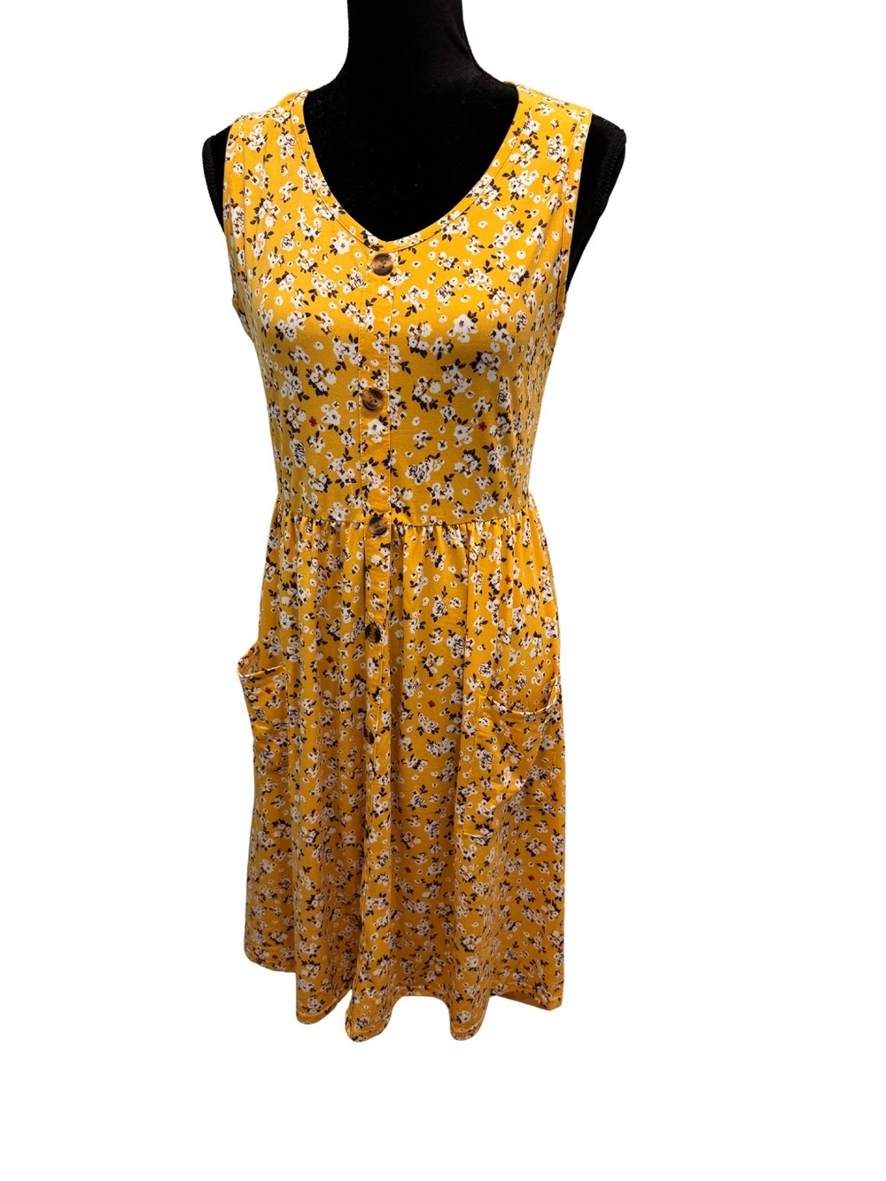 Sunny Yellow Floral Midi Dress with Button Front and Pockets